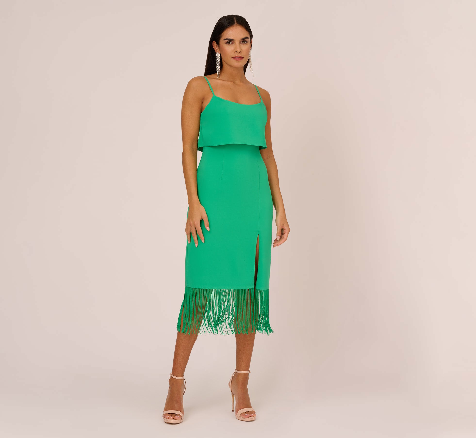 Crepe Popover Midi Dress With Fringe Trim In Summer Green