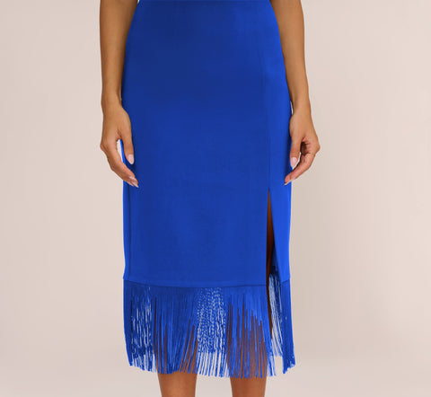 Crepe Popover Midi Dress With Fringe Trim In Royal Sapphire