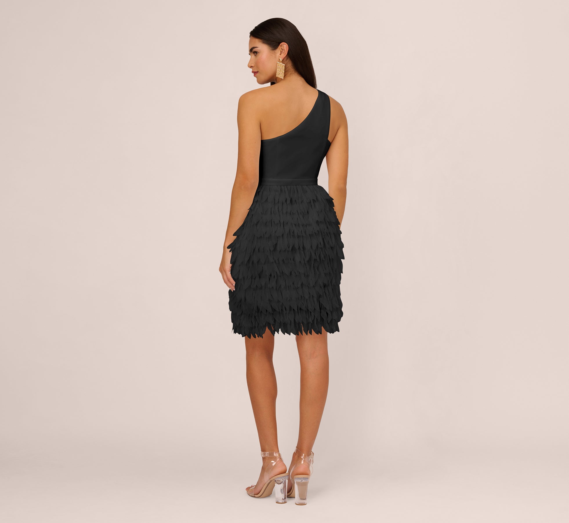 One Shoulder Cocktail Dress With Feather Chiffon Skirt In Black