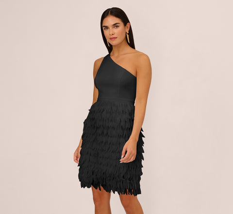 One Shoulder Cocktail Dress With Feather Chiffon Skirt In Black