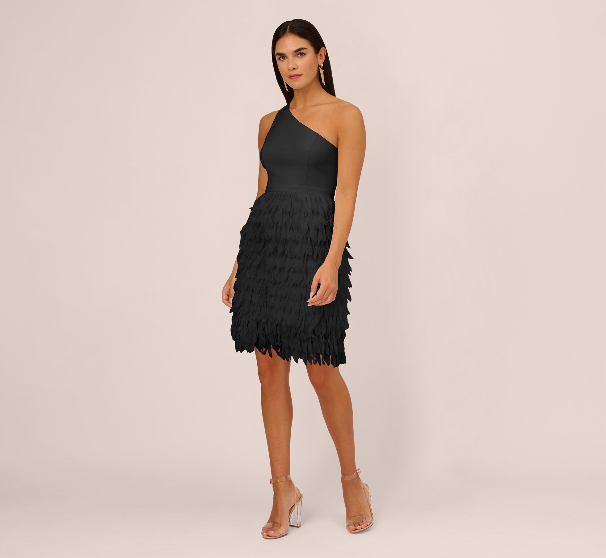 One Shoulder Cocktail Dress With Feather Chiffon Skirt In Black