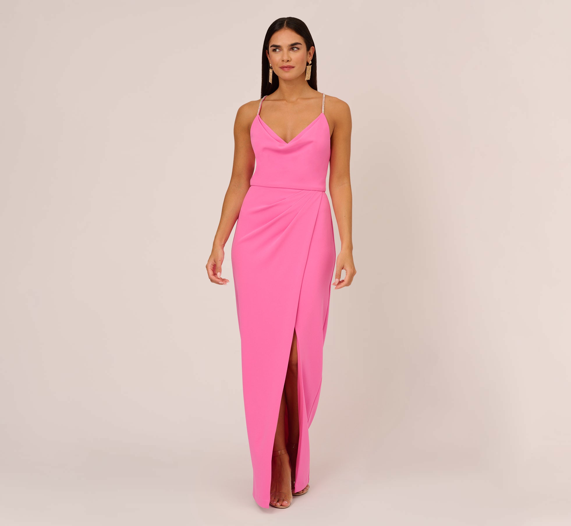 Cowl Neck Column Gown With Draped Details In Pink Parfait