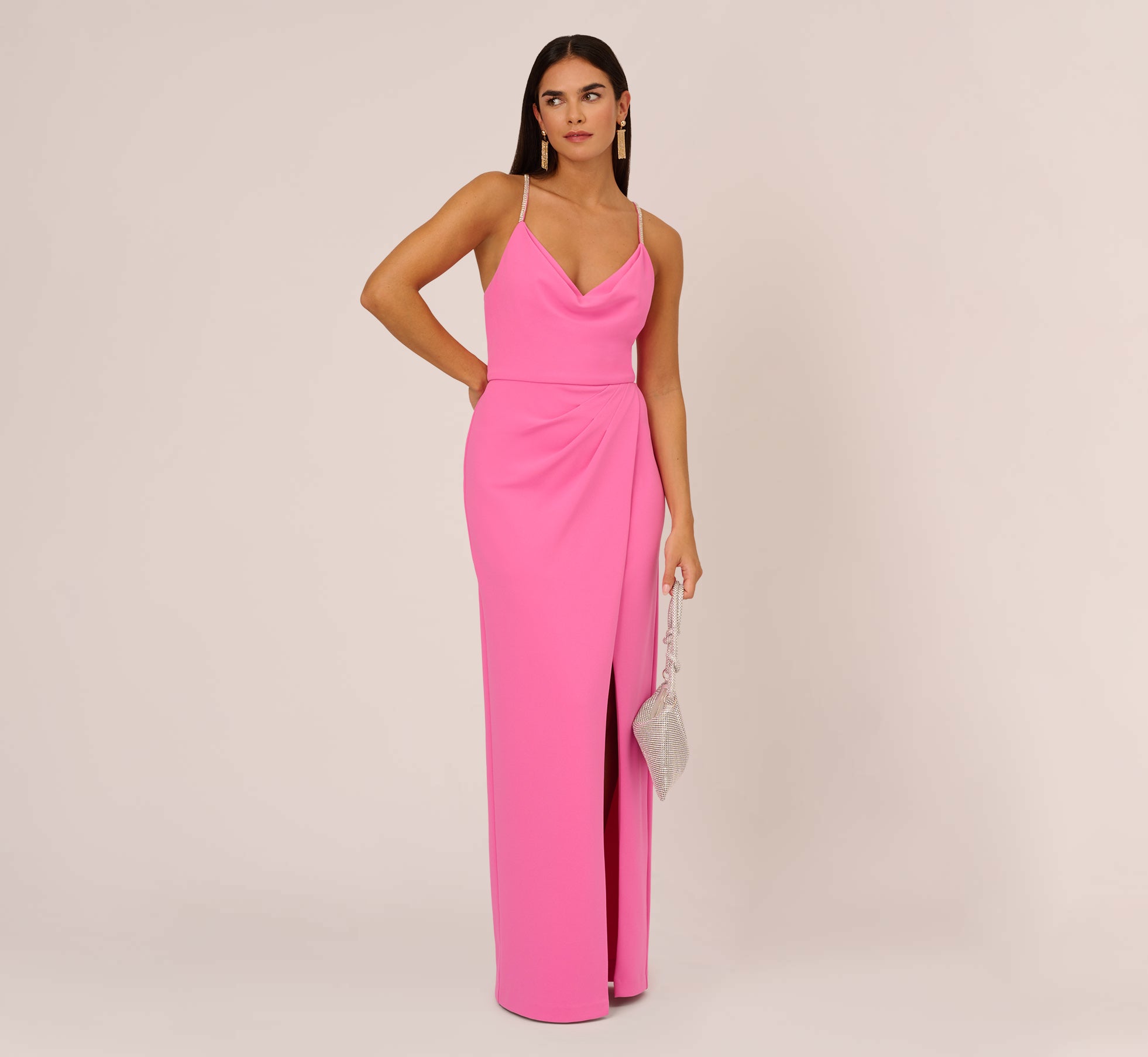 Cowl Neck Column Gown With Draped Details In Pink Parfait