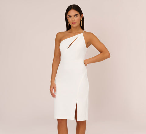 One Shoulder Crepe Dress With Cutout Neckline In Ivory