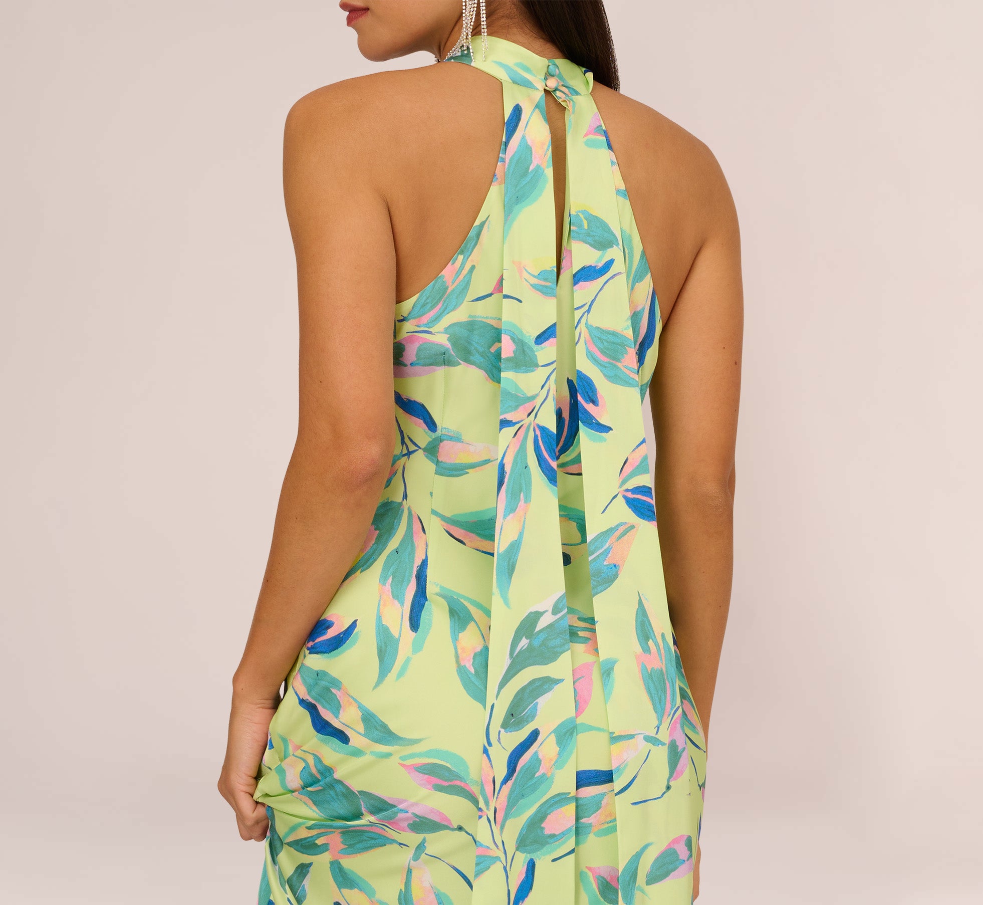 Foliage Printed Satin Gown With Halter Neckline In Green Multi