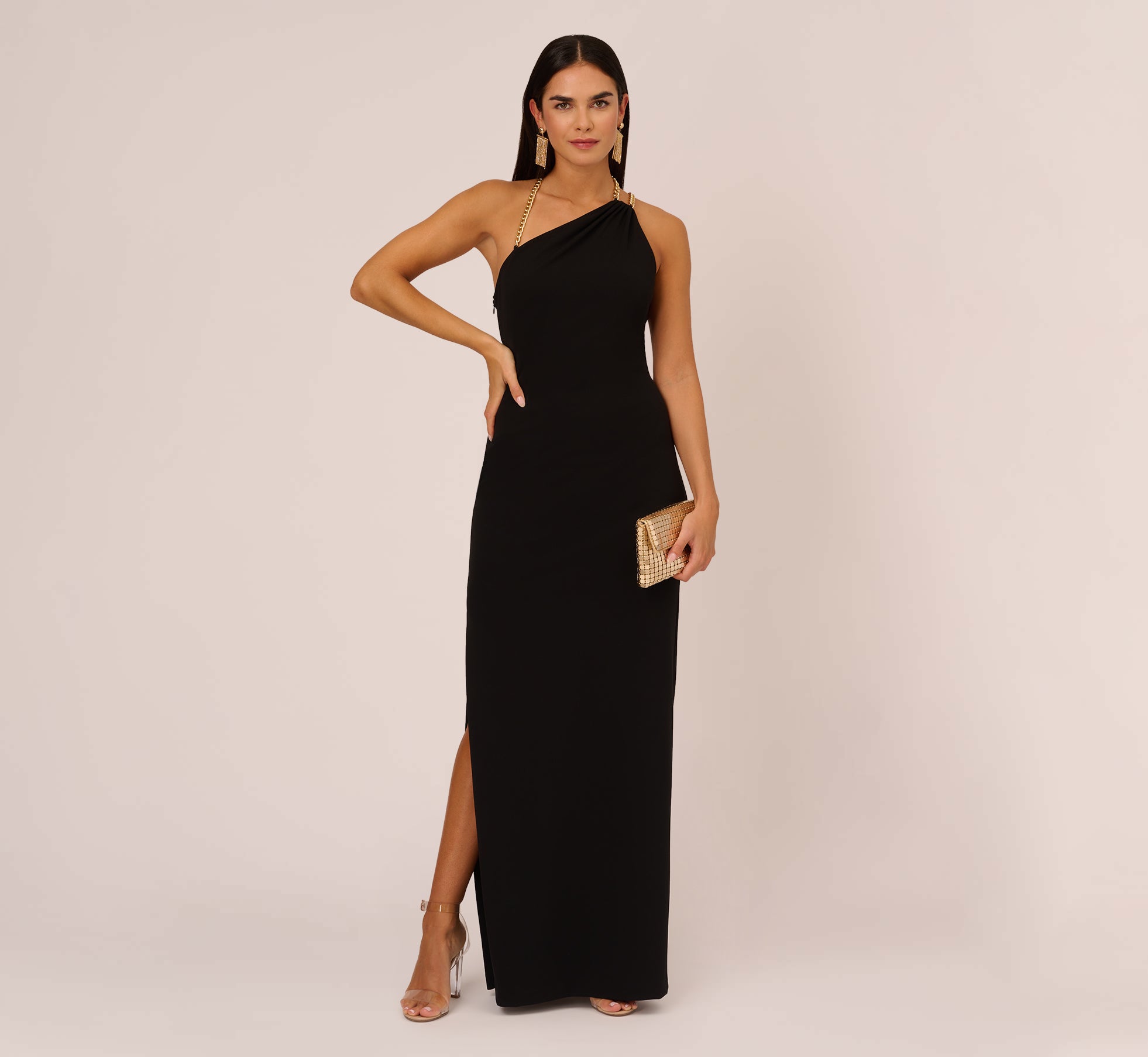 Asymmetrical Crepe Column Gown With Chain Straps In Black