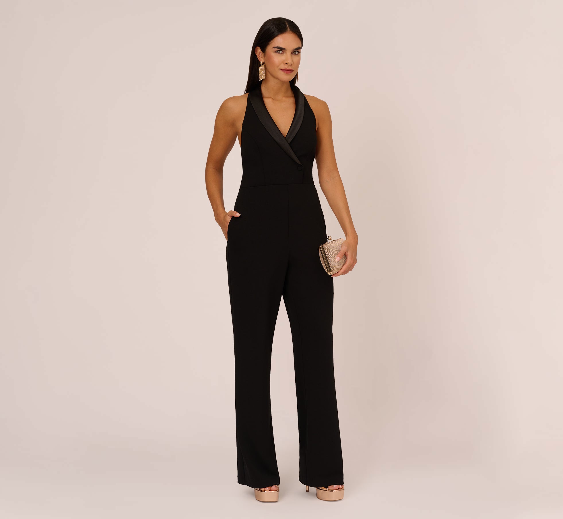 Tuxedo Jumpsuit With Halter Neckline In Black | Adrianna Papell