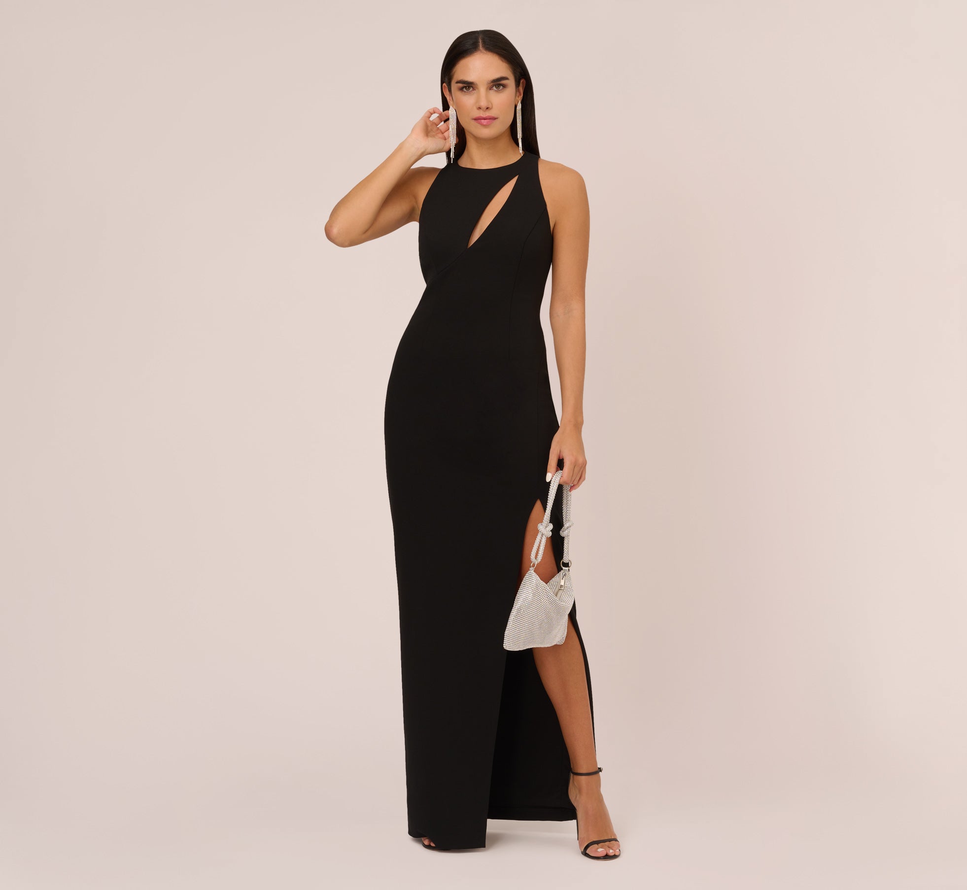 Knit Crepe Sleeveless Column Gown With Cutout Neckline In Black