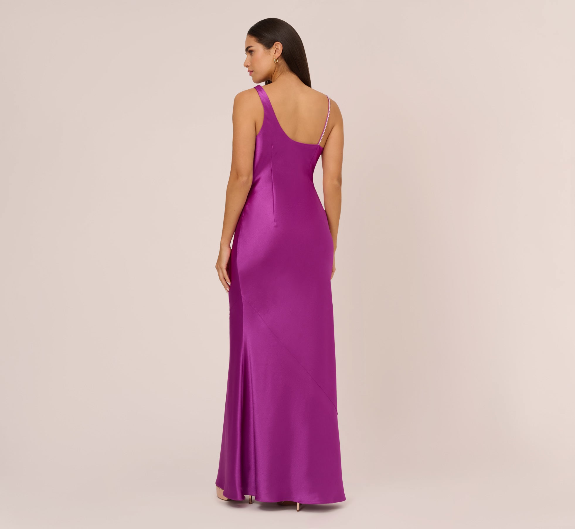 Asymmetrical A Line Satin Gown With Rhinestone Trim In Wild Orchid