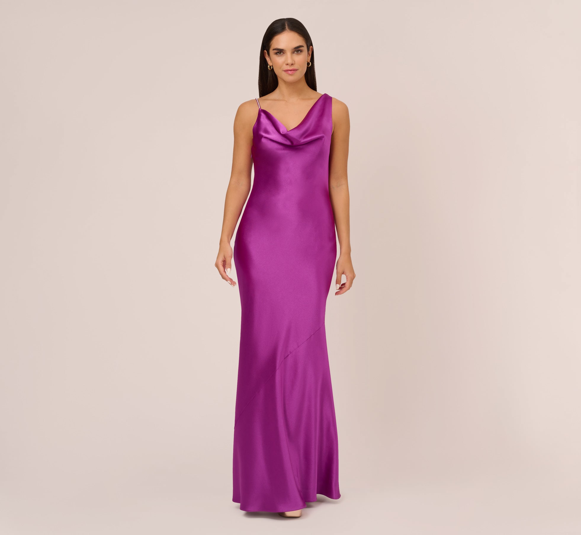 Asymmetrical A Line Satin Gown With Rhinestone Trim In Wild Orchid