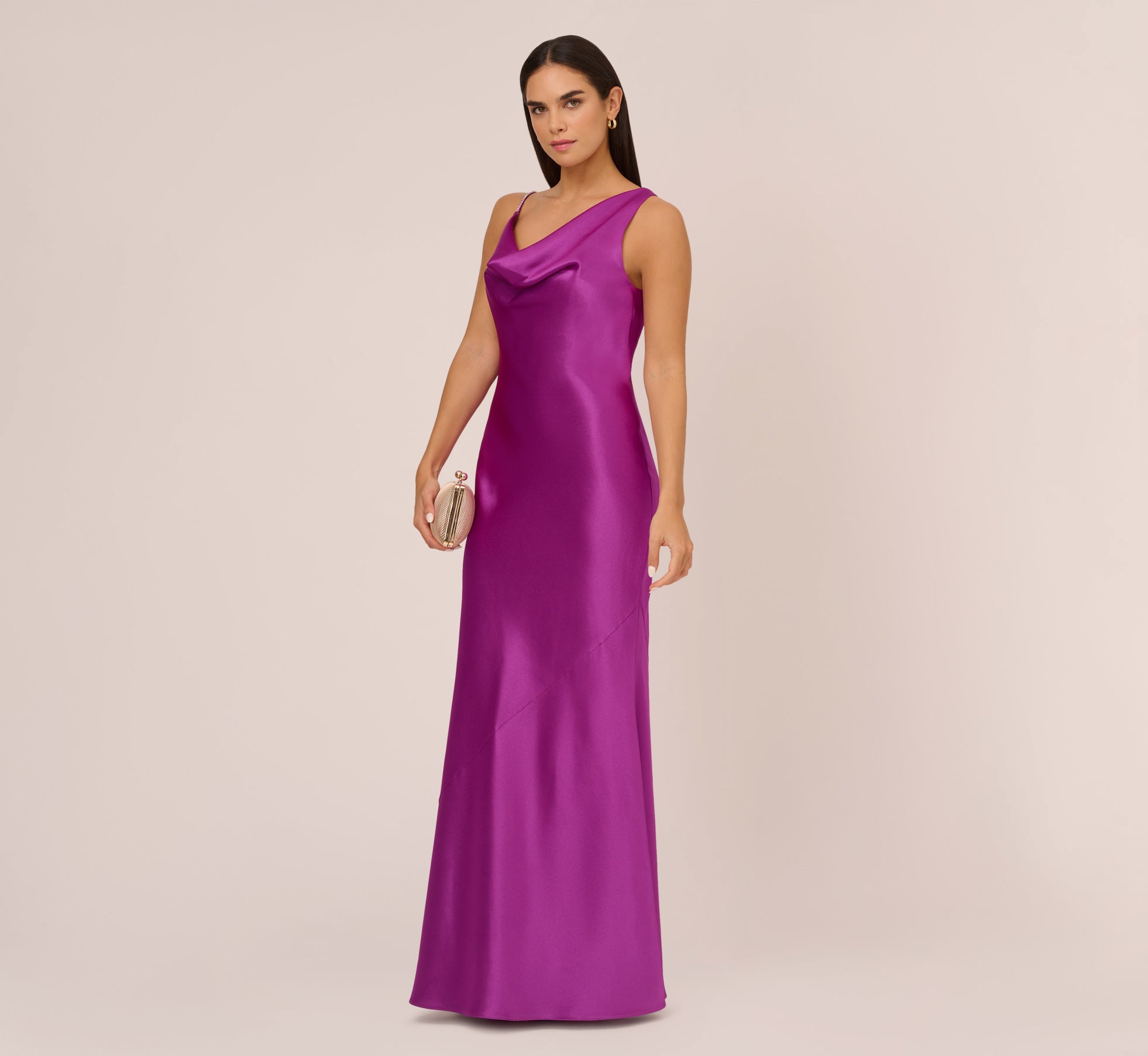 Asymmetrical A Line Satin Gown With Rhinestone Trim In Wild Orchid