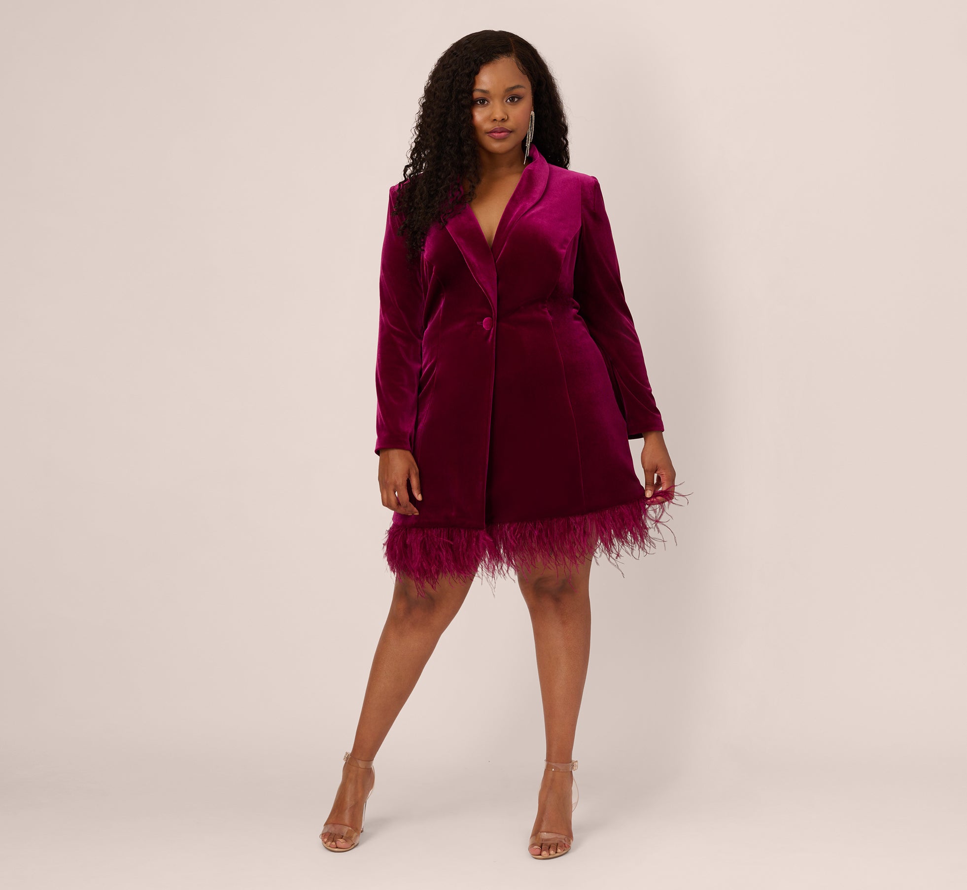 Plus Size Long Sleeve Velvet Tuxedo Dress With Feather Hem In