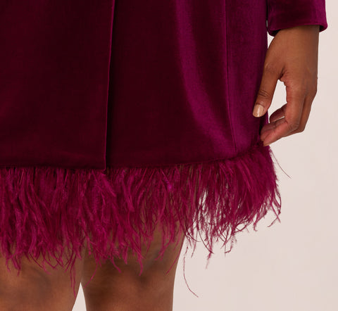 Plus Size Long Sleeve Velvet Tuxedo Dress With Feather Hem In Magenta