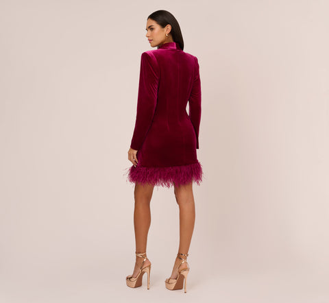 Long Sleeve Velvet Tuxedo Dress With Feather Hem In Magenta