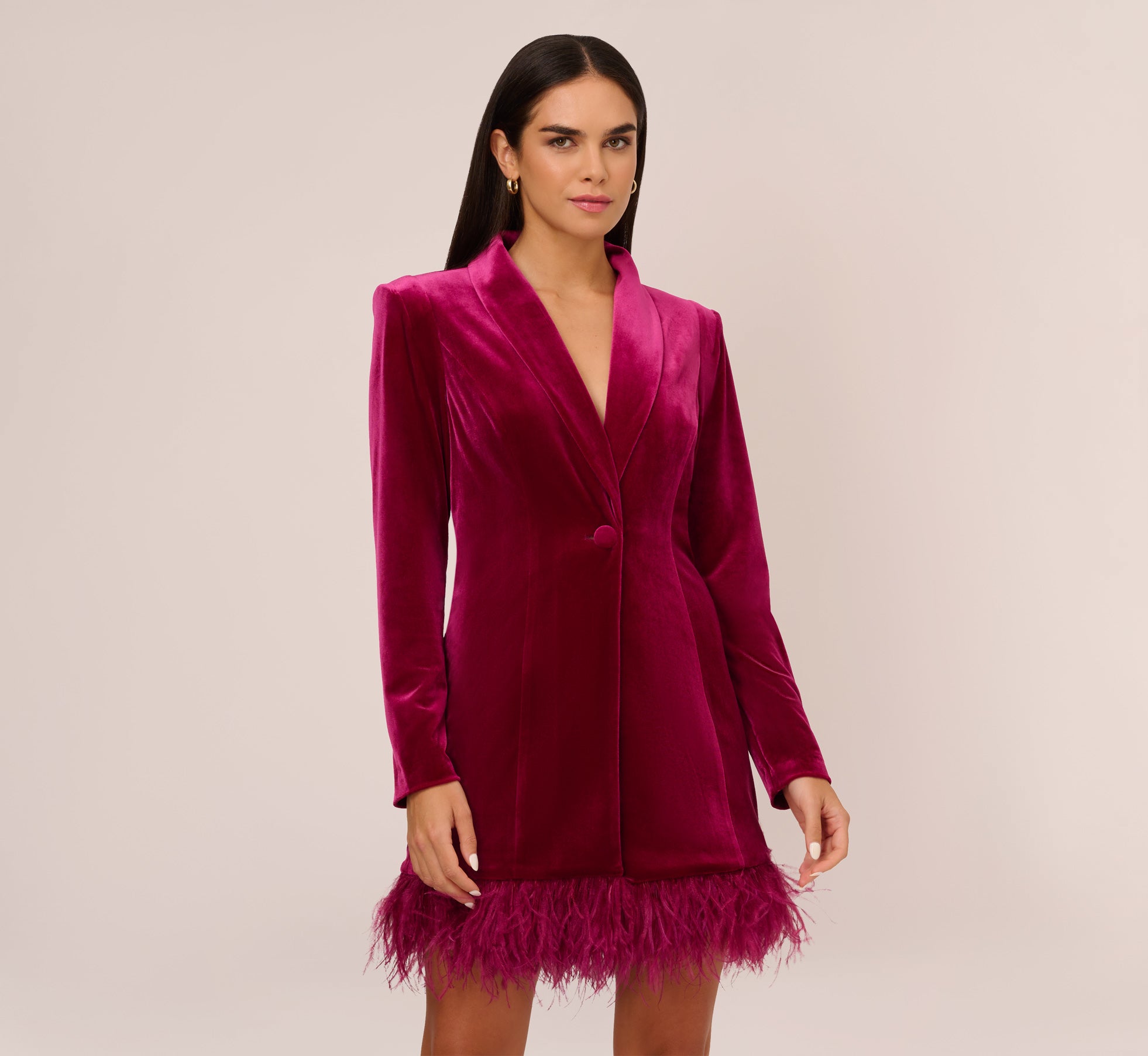 Long Sleeve Velvet Tuxedo Dress With Feather Hem In Magenta 1