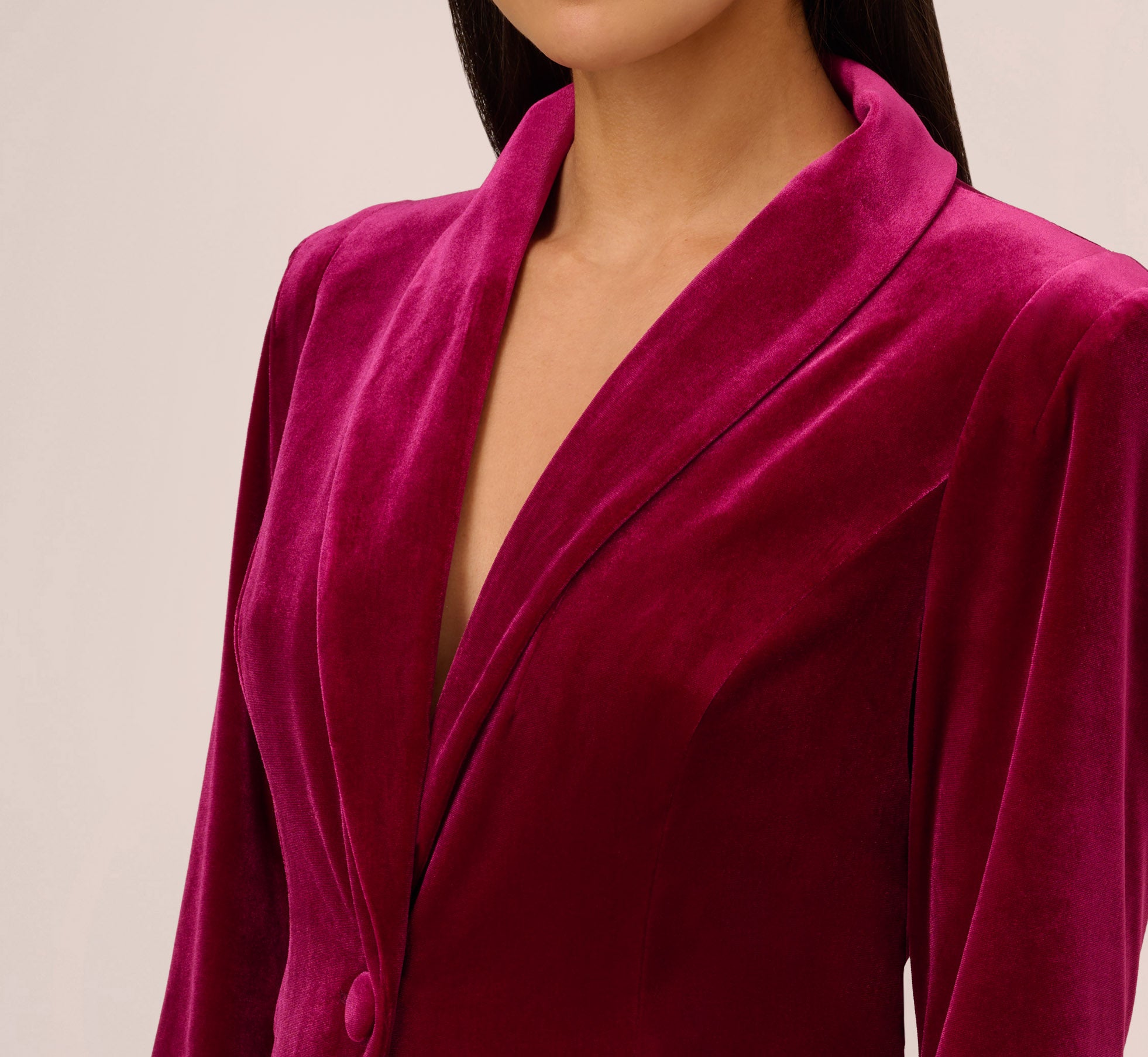 Long Sleeve Velvet Tuxedo Dress With Feather Hem In Magenta