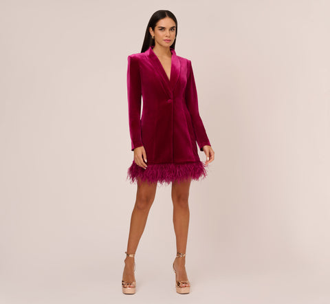 Long Sleeve Velvet Tuxedo Dress With Feather Hem In Magenta