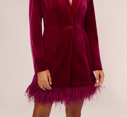 Long Sleeve Velvet Tuxedo Dress With Feather Hem In Magenta