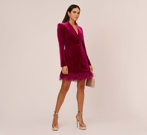 Long Sleeve Velvet Tuxedo Dress With Feather Hem In Magenta