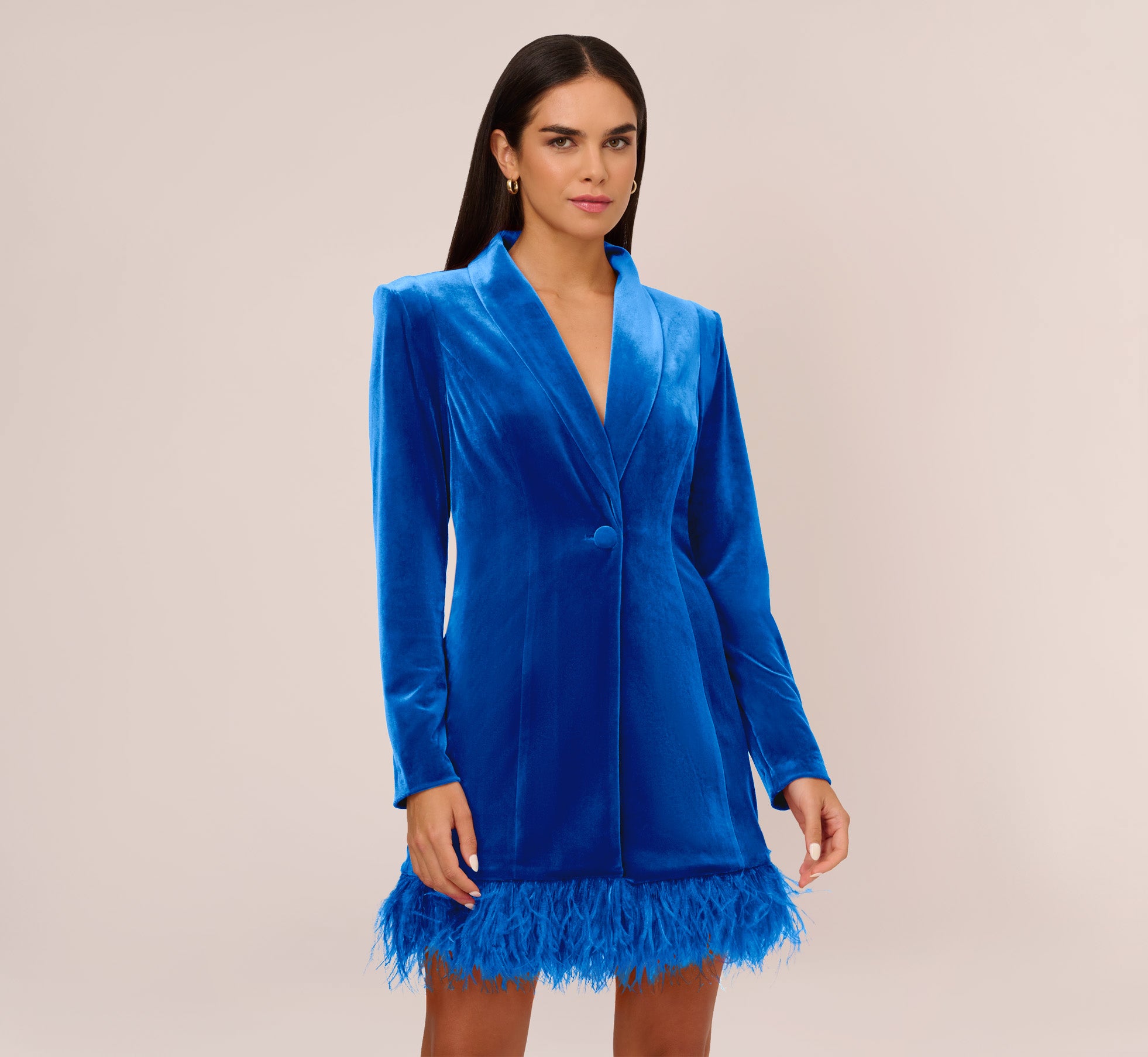 Long Sleeve Velvet Tuxedo Dress With Feather Hem In Deep Ocean