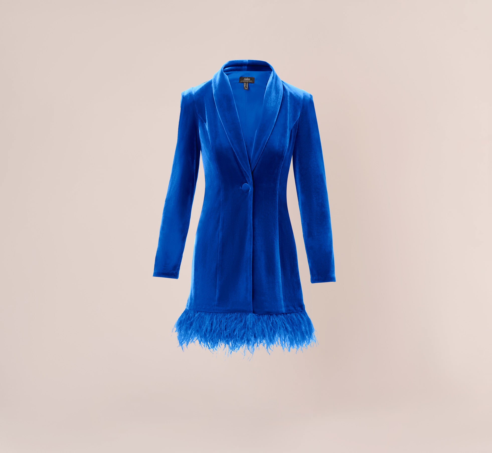 Long Sleeve Velvet Tuxedo Dress With Feather Hem In Deep Ocean