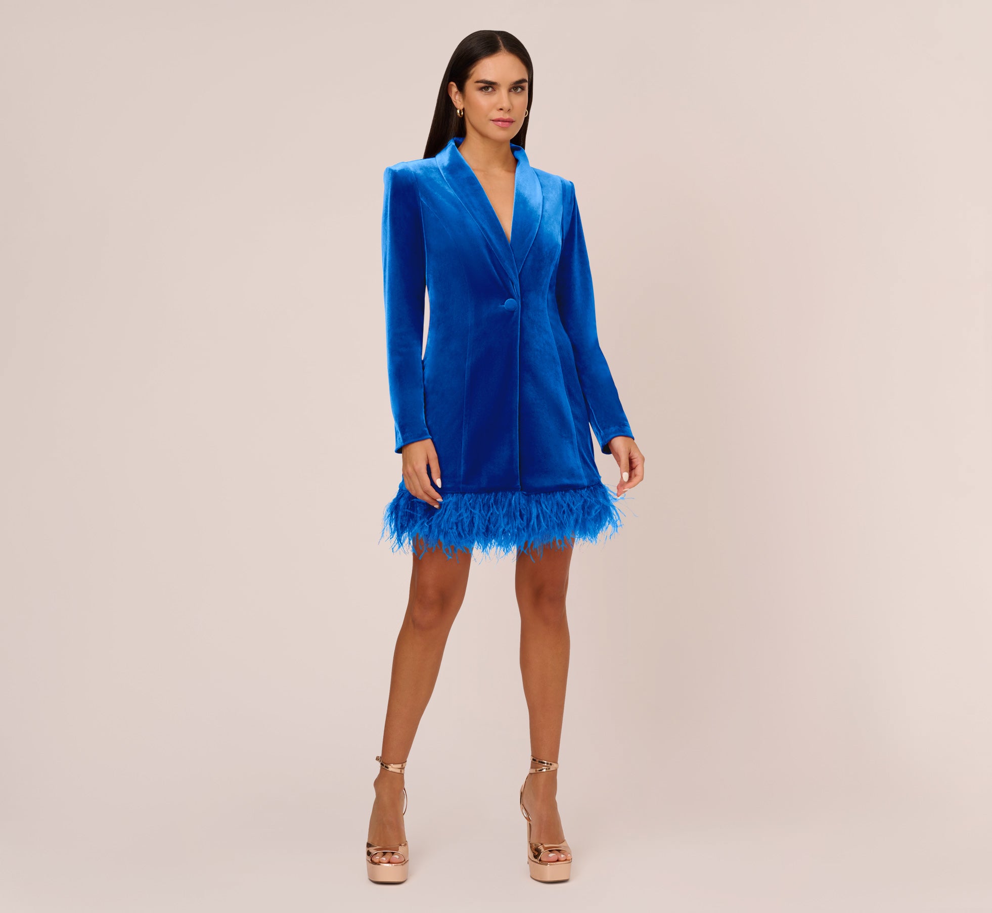 Long Sleeve Velvet Tuxedo Dress With Feather Hem In Deep Ocean