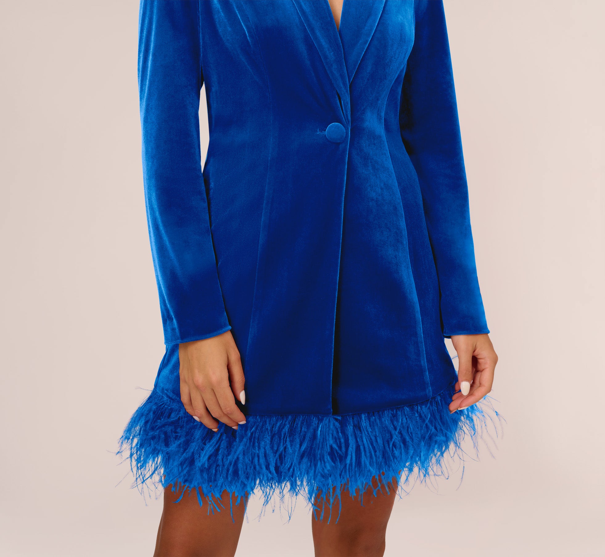 Long Sleeve Velvet Tuxedo Dress With Feather Hem In Deep Ocean