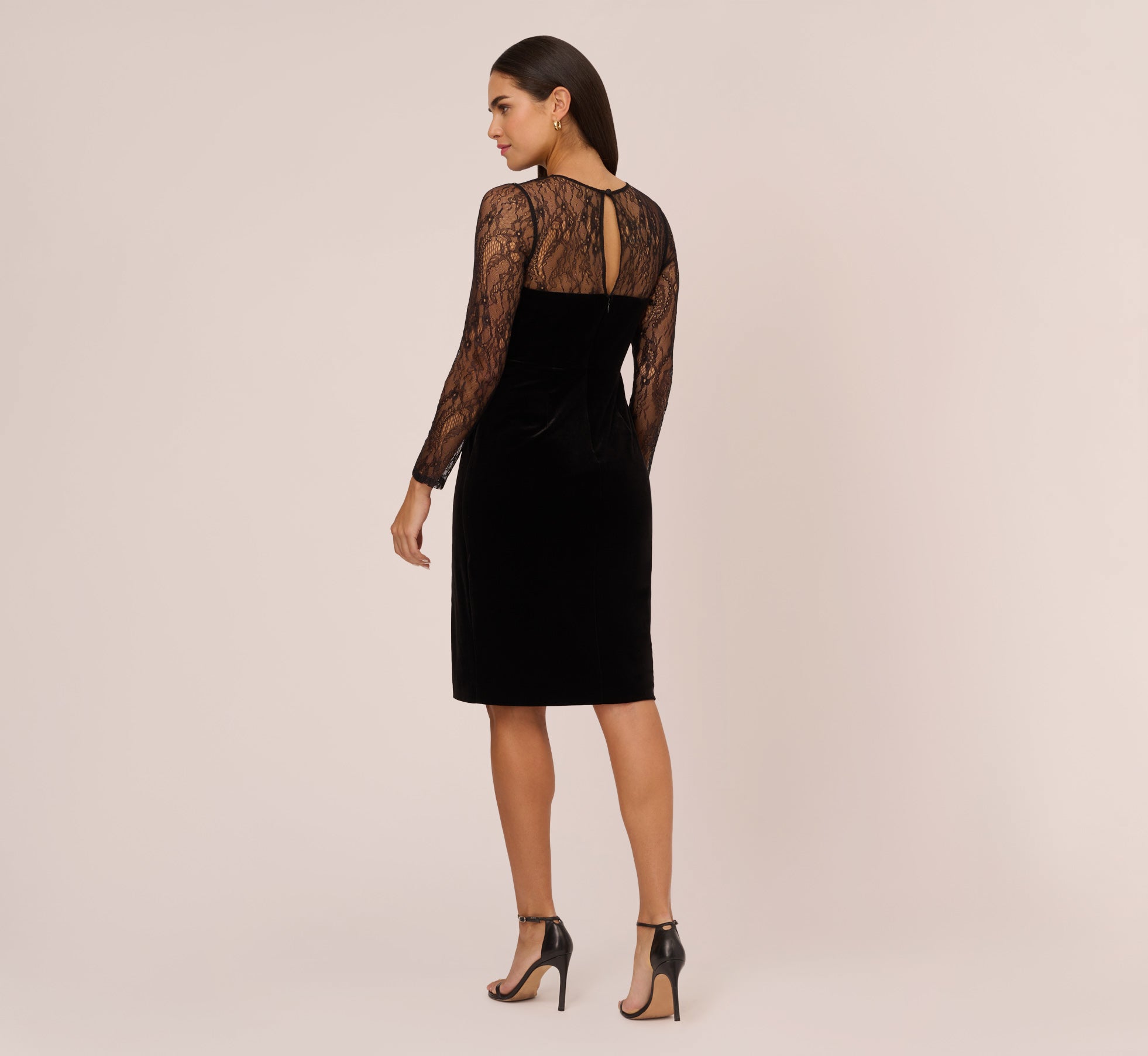 Long Sleeve Velvet Midi Dress With Sheer Lace Details In Black