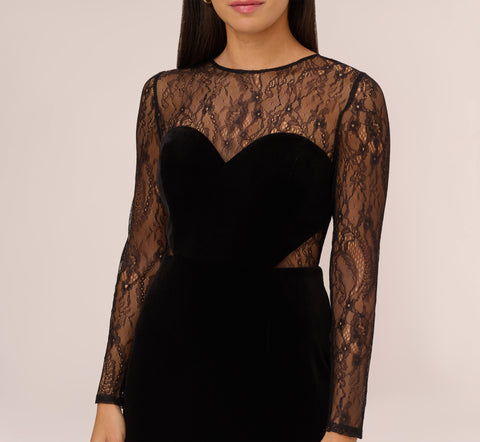 Long Sleeve Velvet Midi Dress With Sheer Lace Details In Black - Black /  Regular / 4