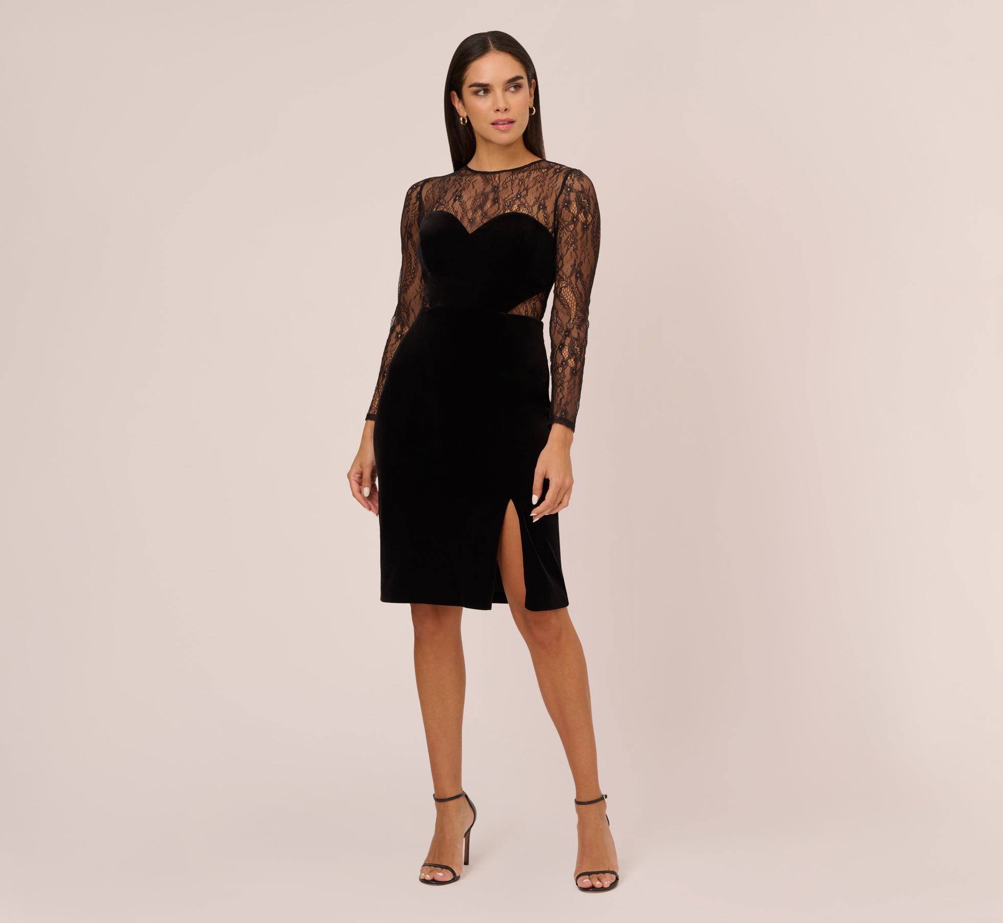 Long Sleeve Velvet Midi Dress With Sheer Lace Details In Black