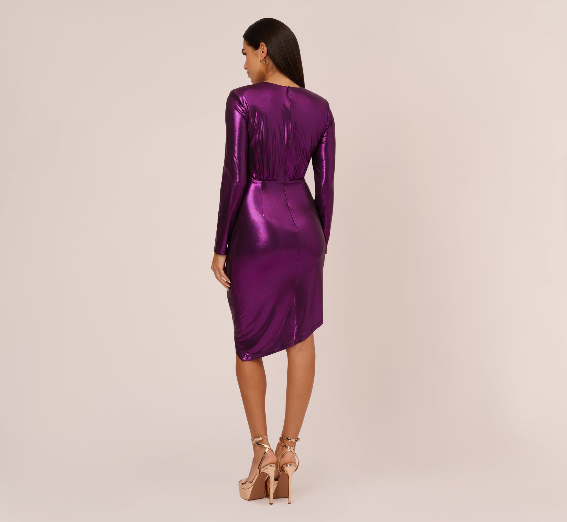 Metallic Knit Long Sleeve Asymmetrical Dress With Ruched Details