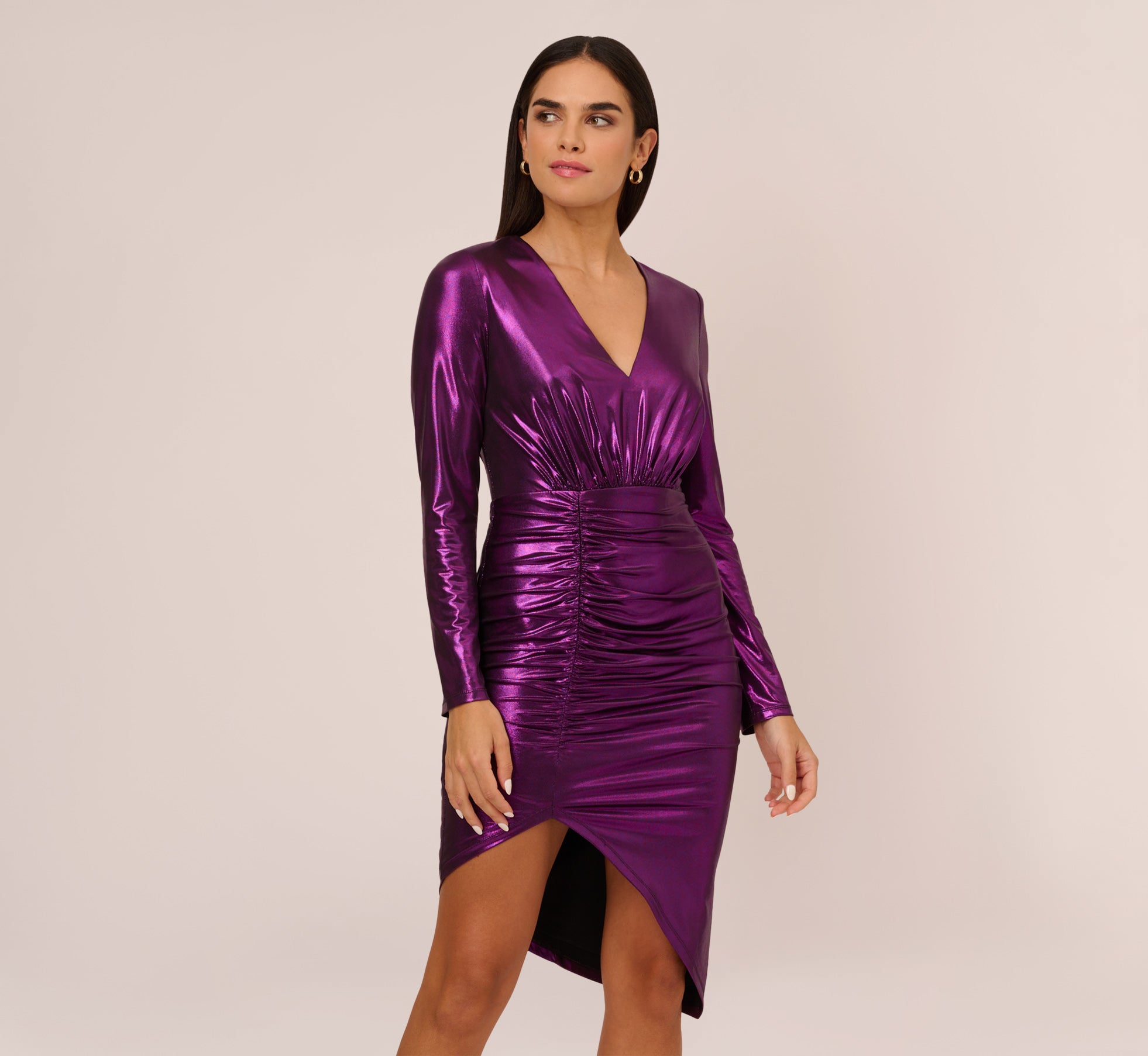 Metallic Knit Long Sleeve Asymmetrical Dress With Ruched Details