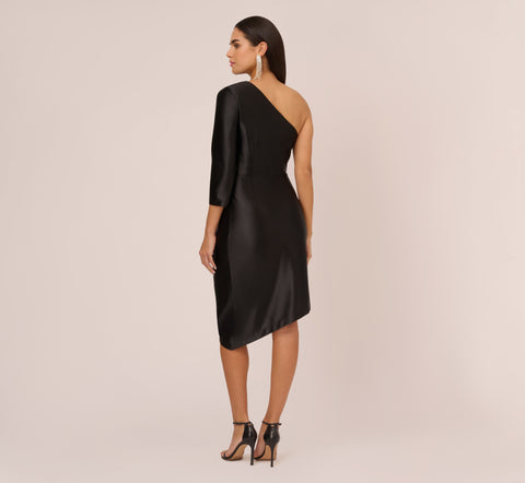 One Shoulder Satin Midi Dress With Three-Quarter Sleeve In Black