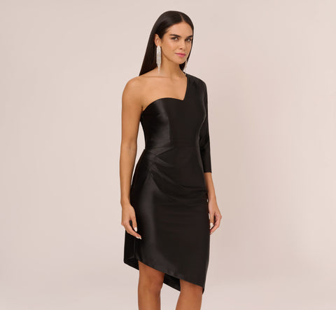 One Shoulder Satin Midi Dress With Three-Quarter Sleeve In Black