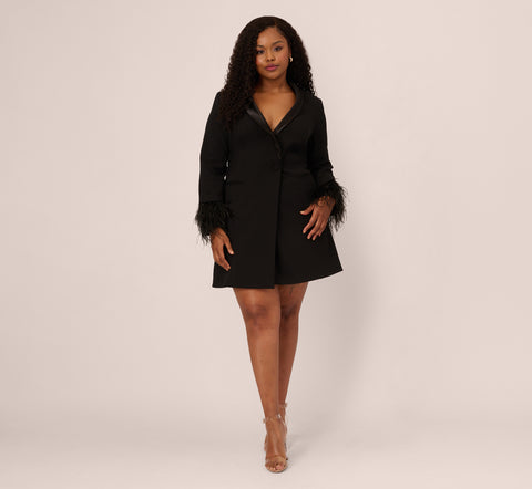 Plus Size Knit Crepe Long Sleeve Blazer Dress With Feather Trim In Black