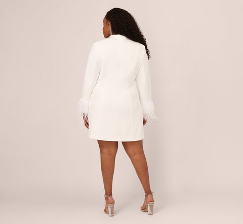 Plus Size Knit Crepe Long Sleeve Blazer Dress With Feather Trim In Ivory