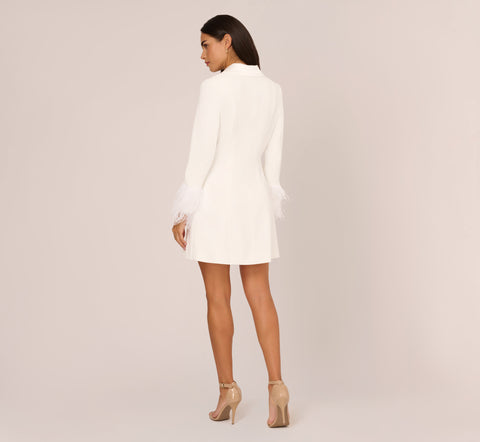 Knit Crepe Long Sleeve Blazer Dress With Feather Trim In Ivory