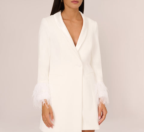 Knit Crepe Long Sleeve Blazer Dress With Feather Trim In Ivory