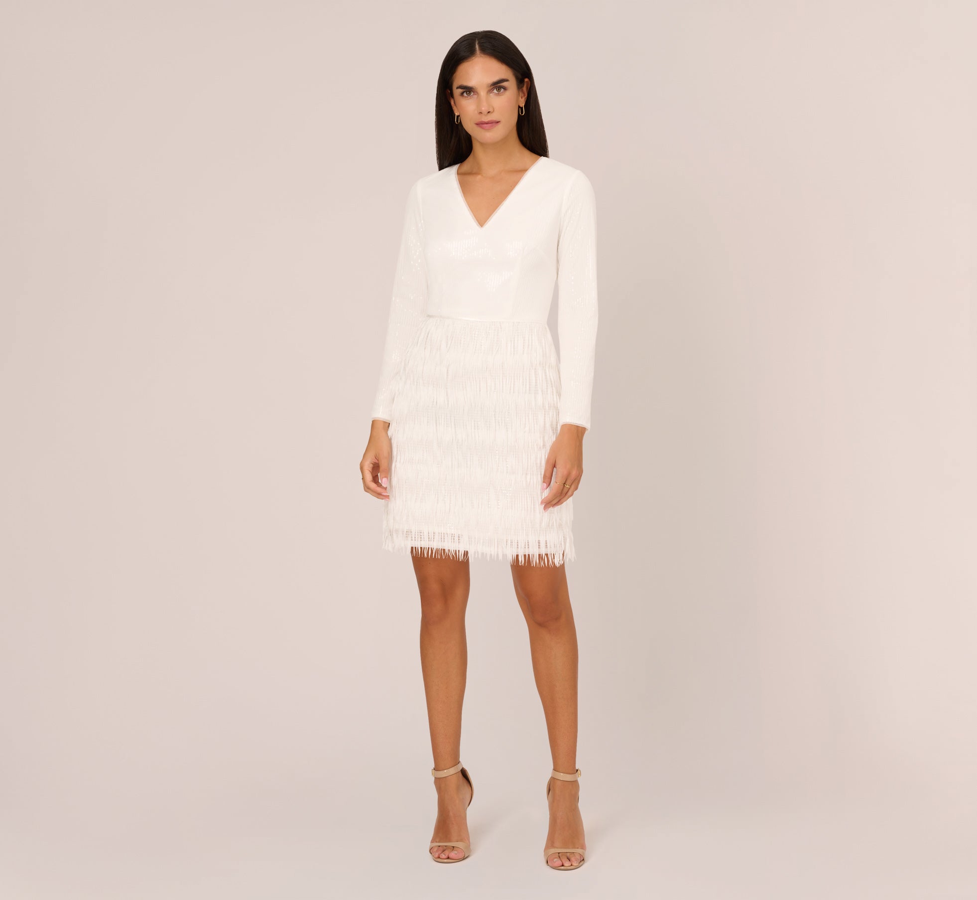 Long Sleeve Sequin Fringe Cocktail Dress In Ivory 1