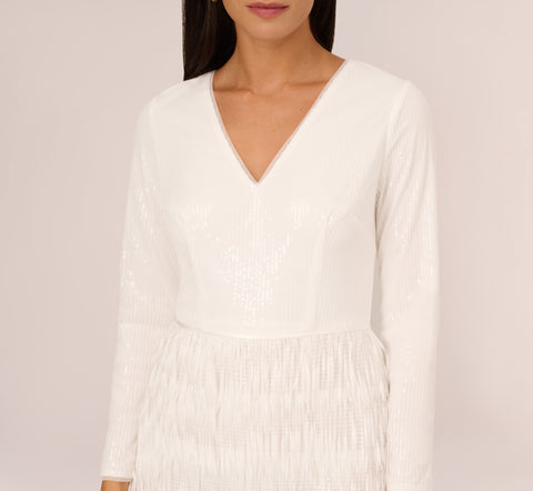 Long Sleeve Sequin Fringe Cocktail Dress In Ivory