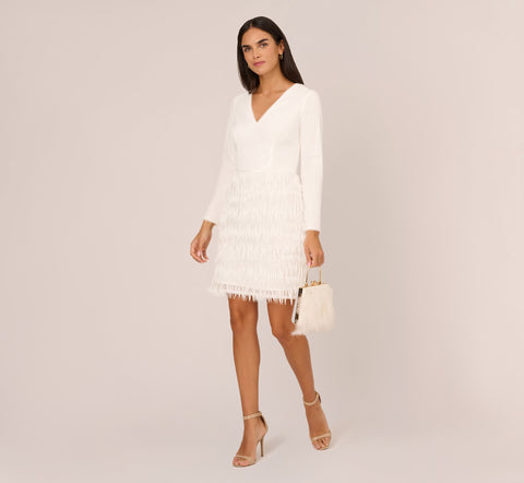 Long Sleeve Sequin Fringe Cocktail Dress In Ivory