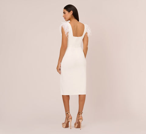 Knit Crepe Midi Dress With Feather Shoulder Accents In Ivory