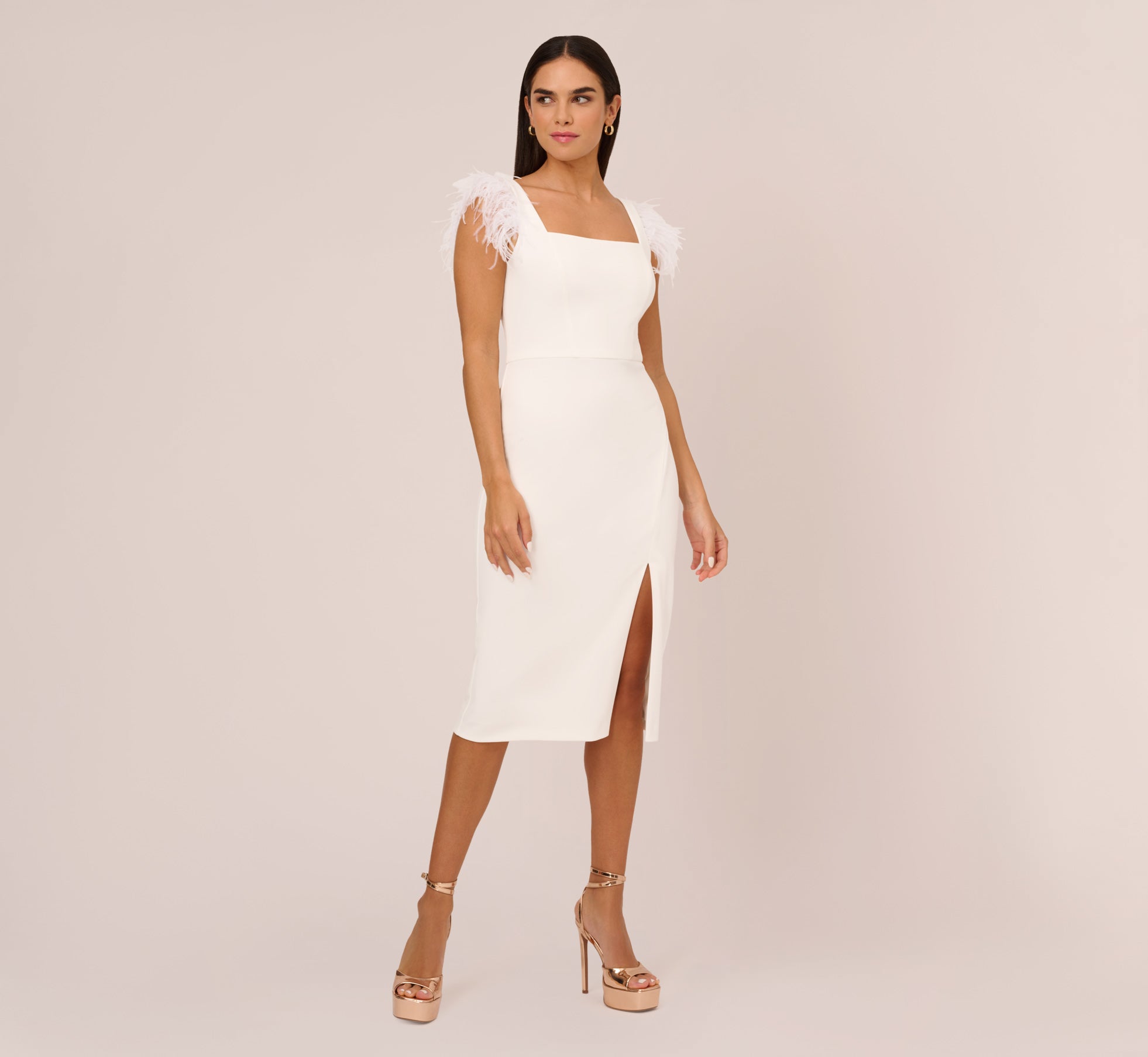 Knit Crepe Midi Dress With Feather Shoulder Accents In Ivory 1