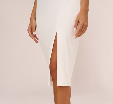 Knit Crepe Midi Dress With Feather Shoulder Accents In Ivory