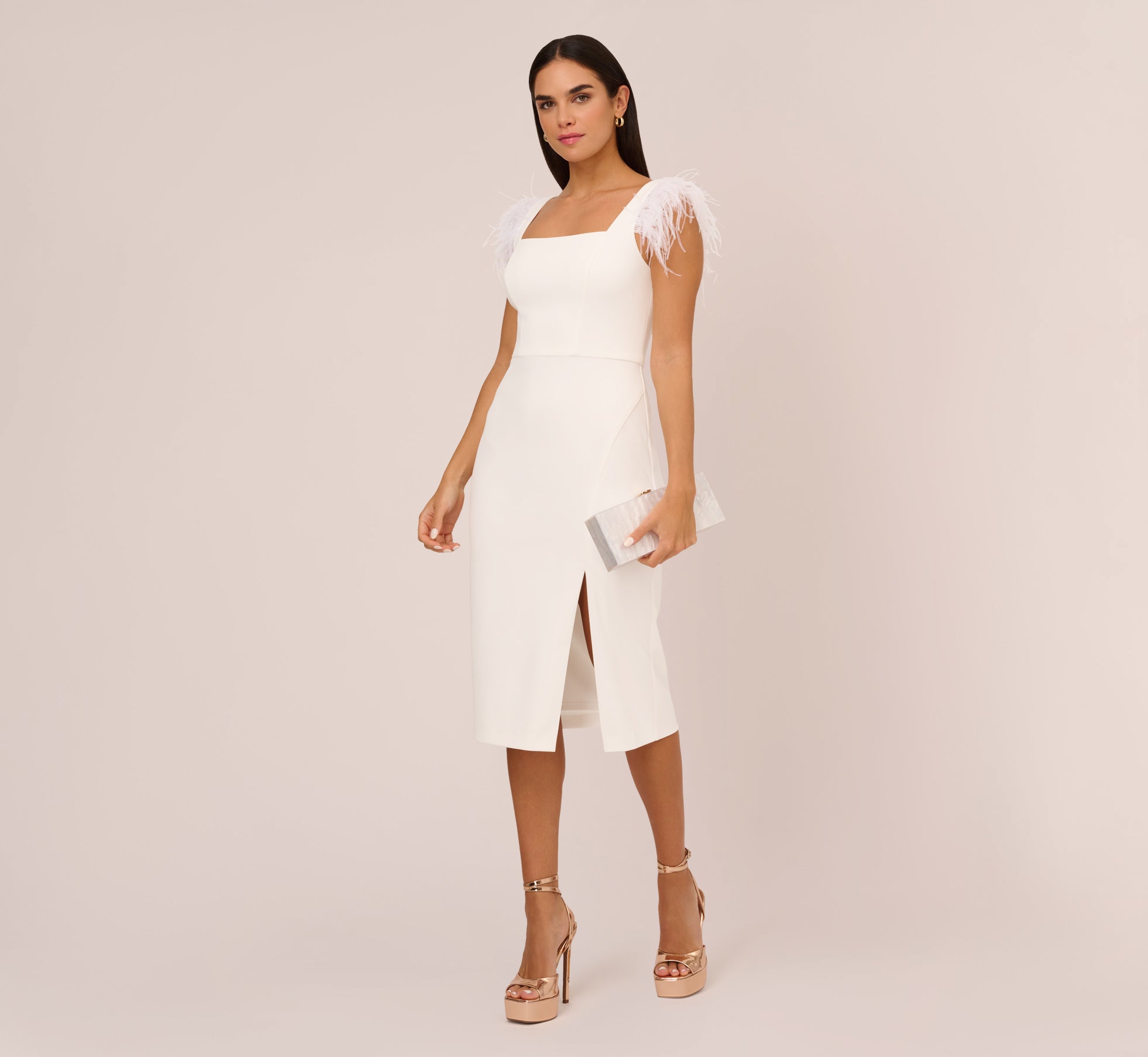 Knit Crepe Midi Dress With Feather Shoulder Accents In Ivory