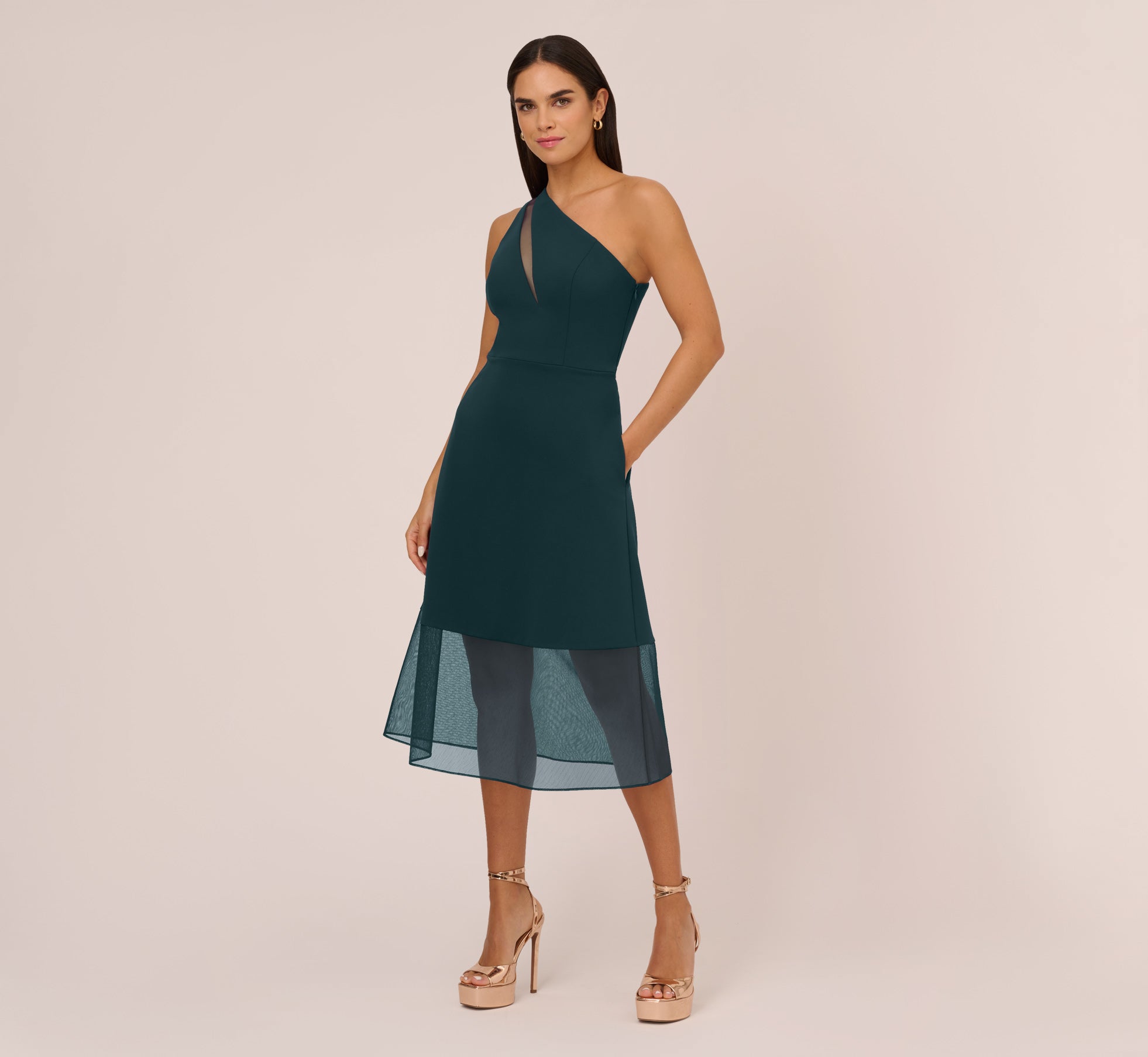 Knit Crepe One Shoulder Dress With Sheer Cutout And Skirt In