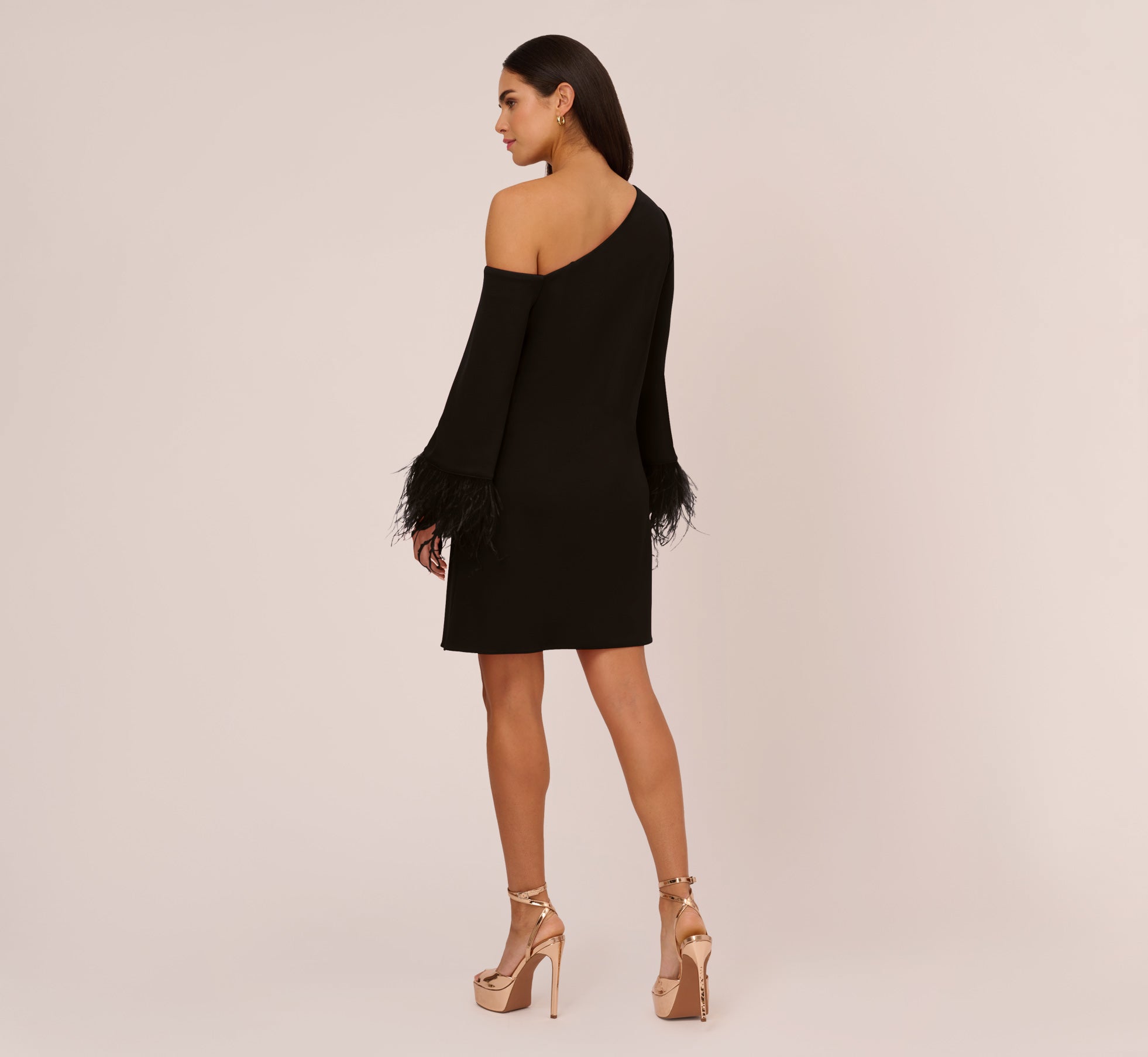 Knit Crepe One Shoulder Long Sleeve Dress With Feather Accents In