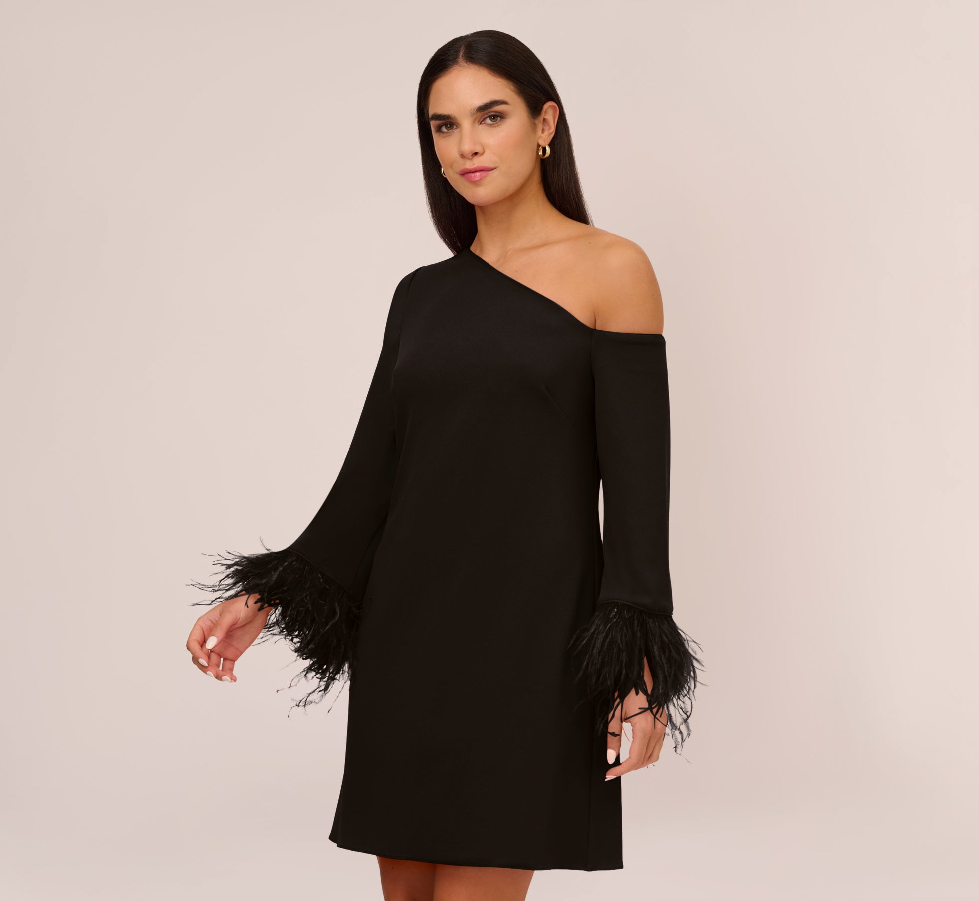 Knit Crepe One Shoulder Long Sleeve Dress With Feather Accents In