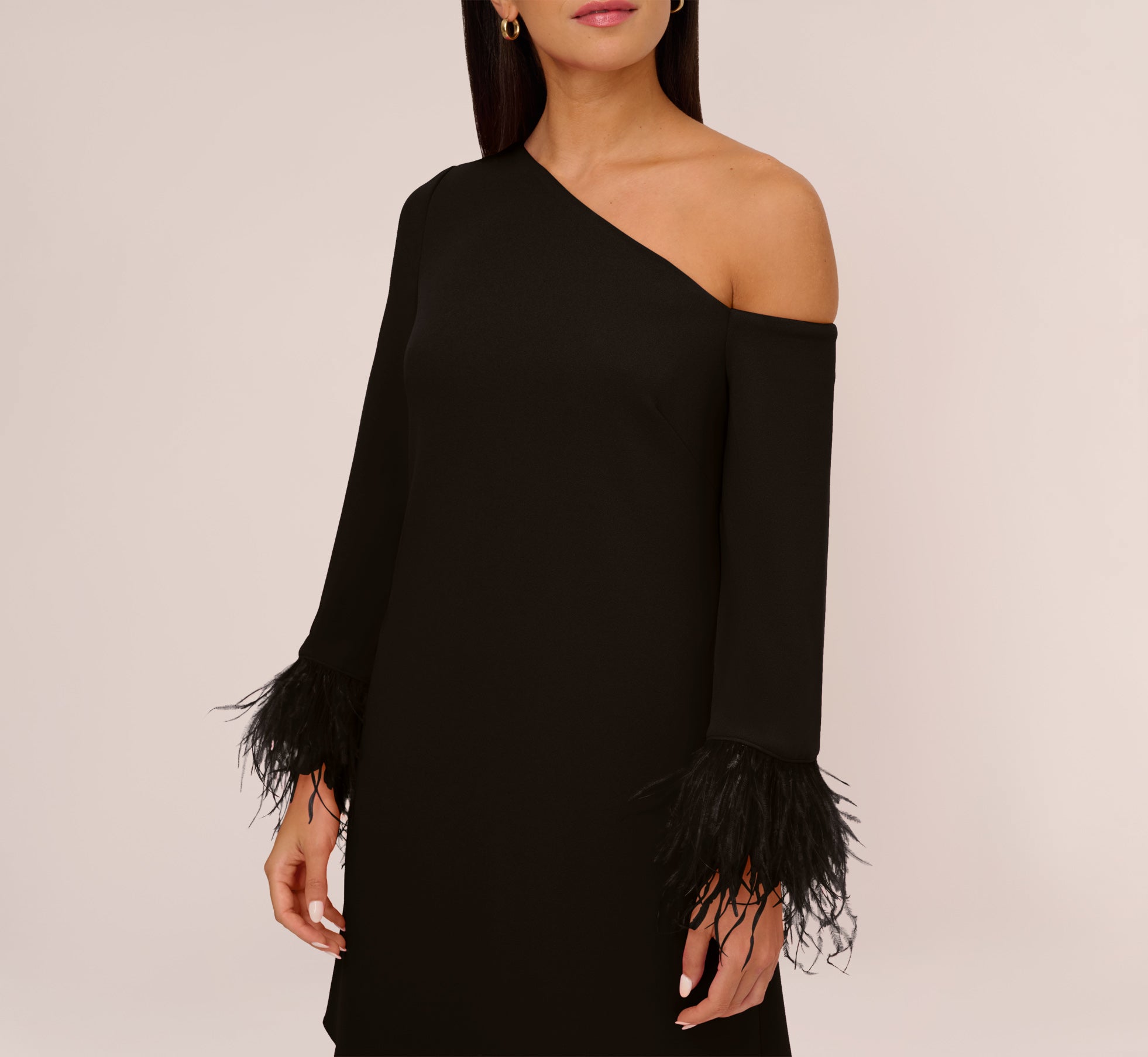 Knit Crepe One Shoulder Long Sleeve Dress With Feather Accents In