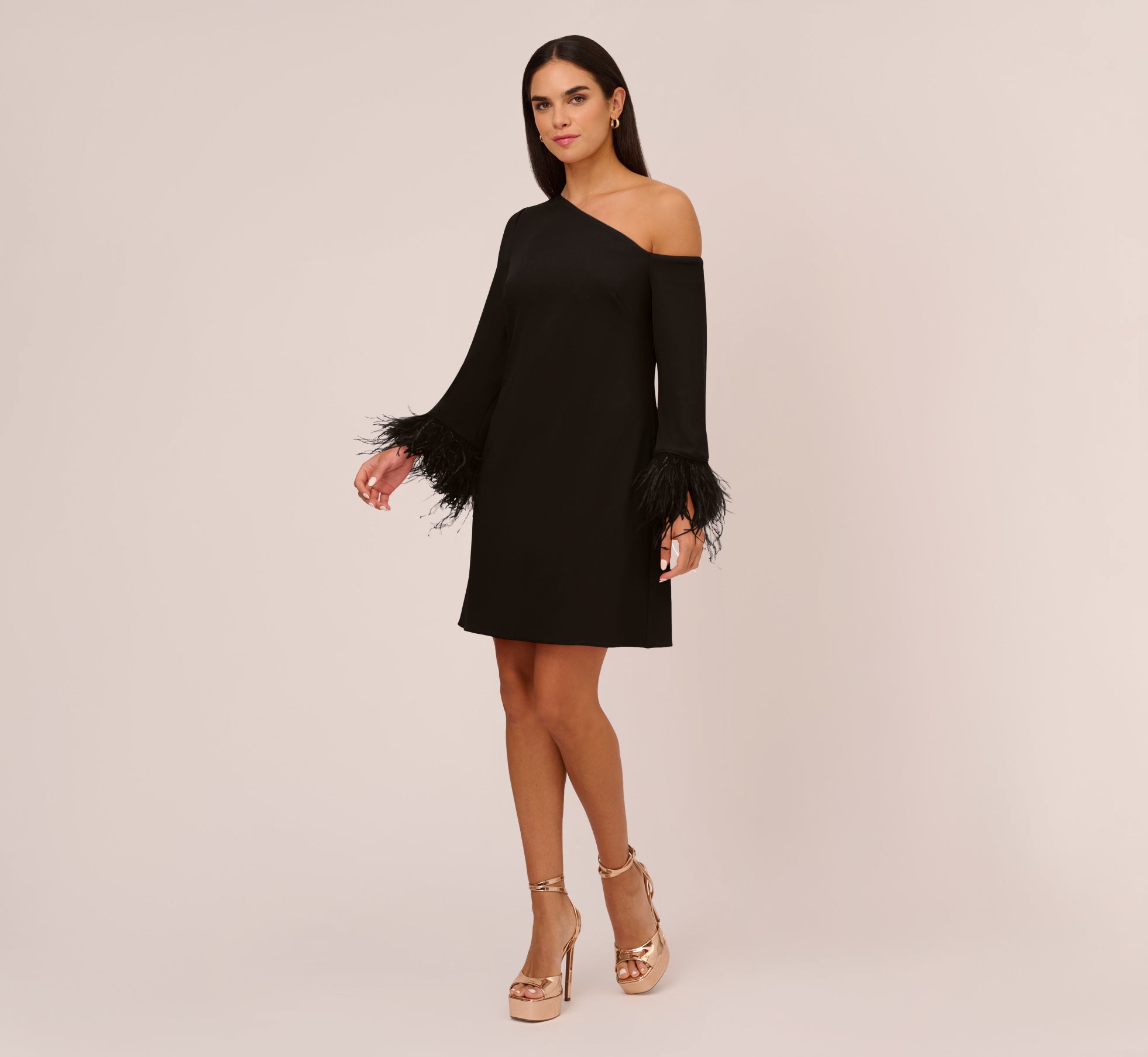 Knit Crepe One Shoulder Long Sleeve Dress With Feather Accents